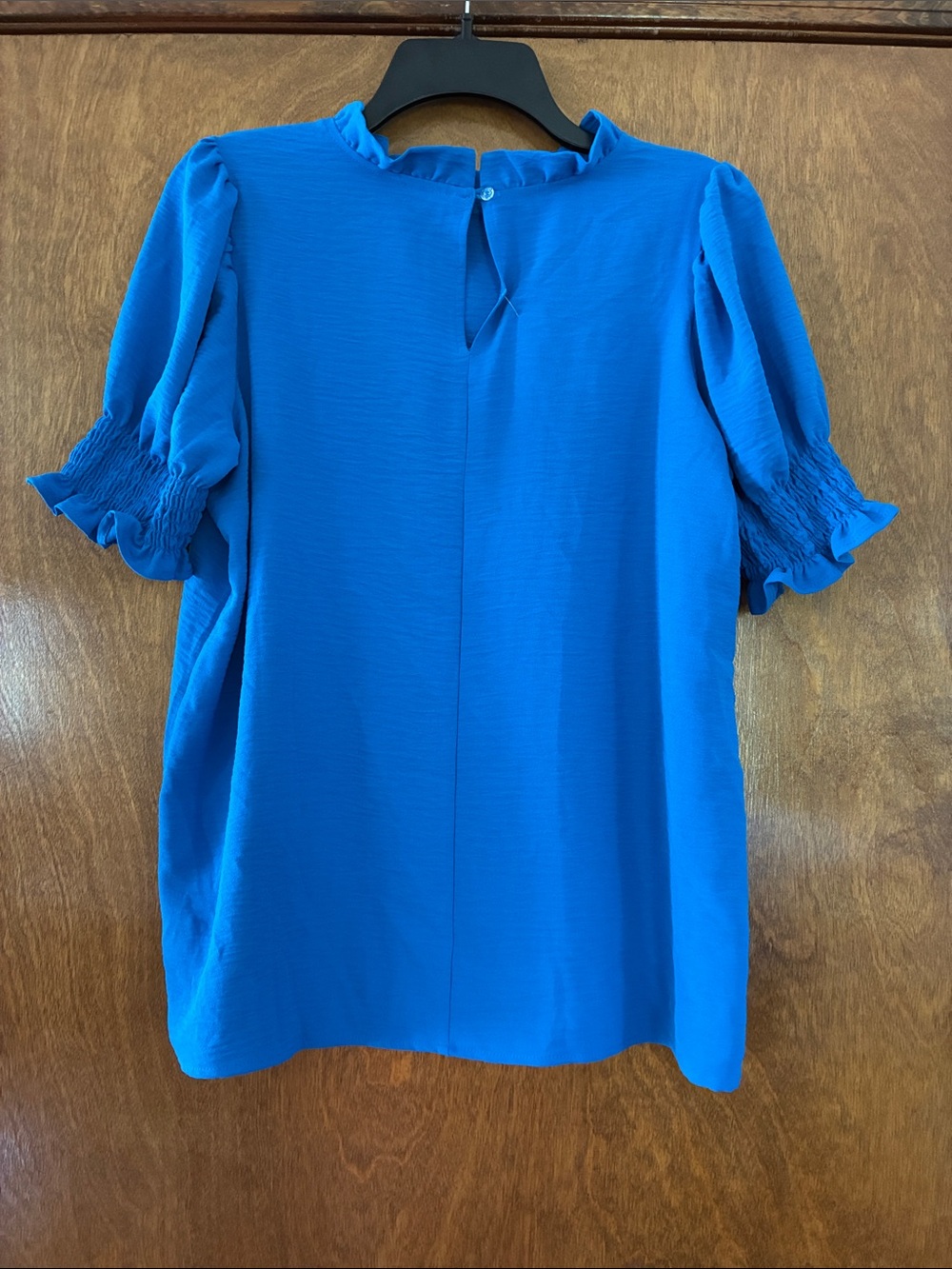 Zenana Cobalt Ruffle Neck Smocked Sleeve Blouse Size Large - Picture 3 of 3